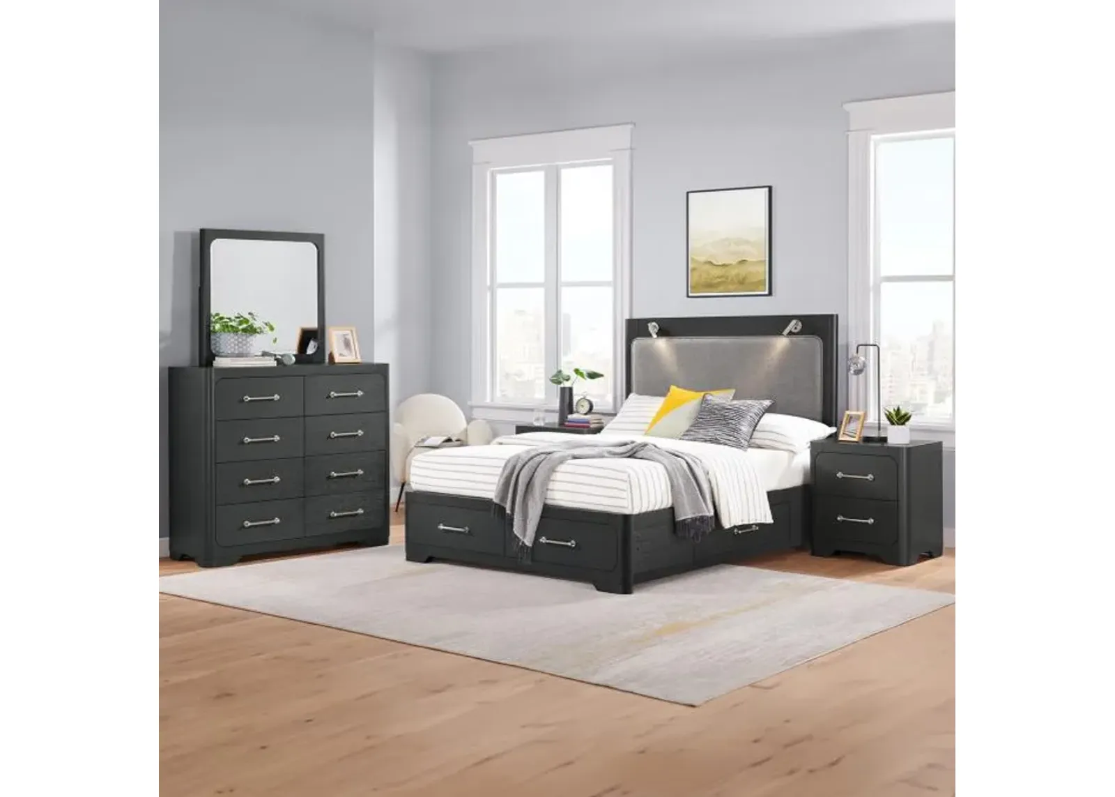 Bowery Queen Storage Bed, Dresser, Mirror, Nightstand