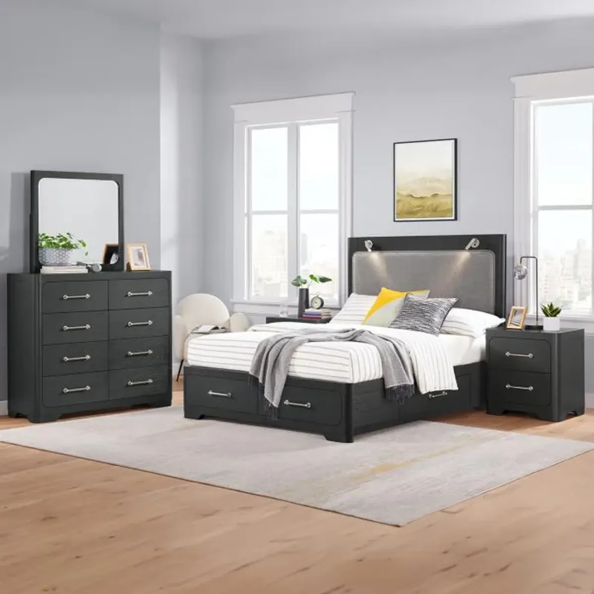 Bowery Queen Storage Bed, Dresser, Mirror, Nightstand