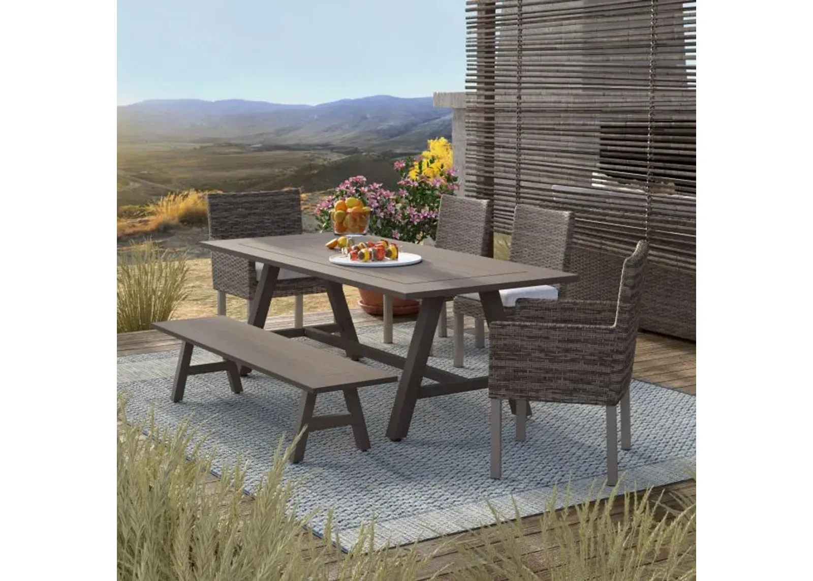 Cabo 6pc Outdoor Dining: Table, 2 Armchairs, 2 Side Chairs, and Bench