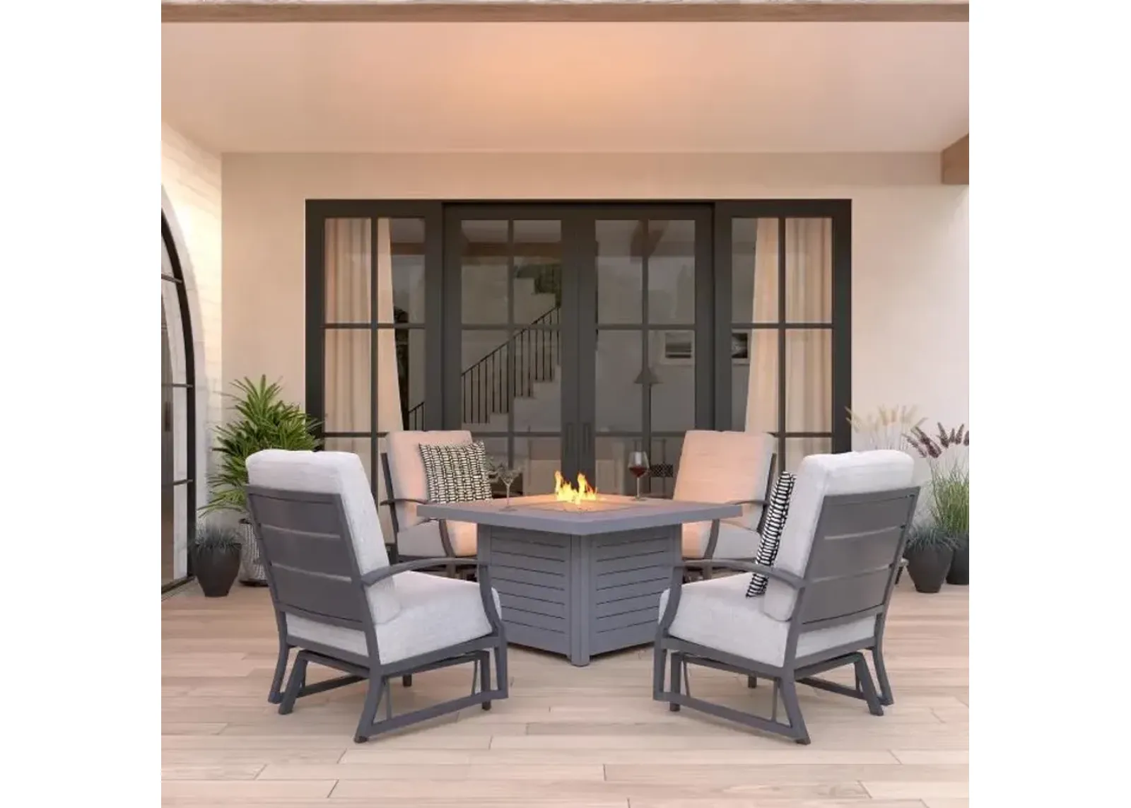 Monterey 5pc Set: Outdoor Firepit & 4 Glider Chairs