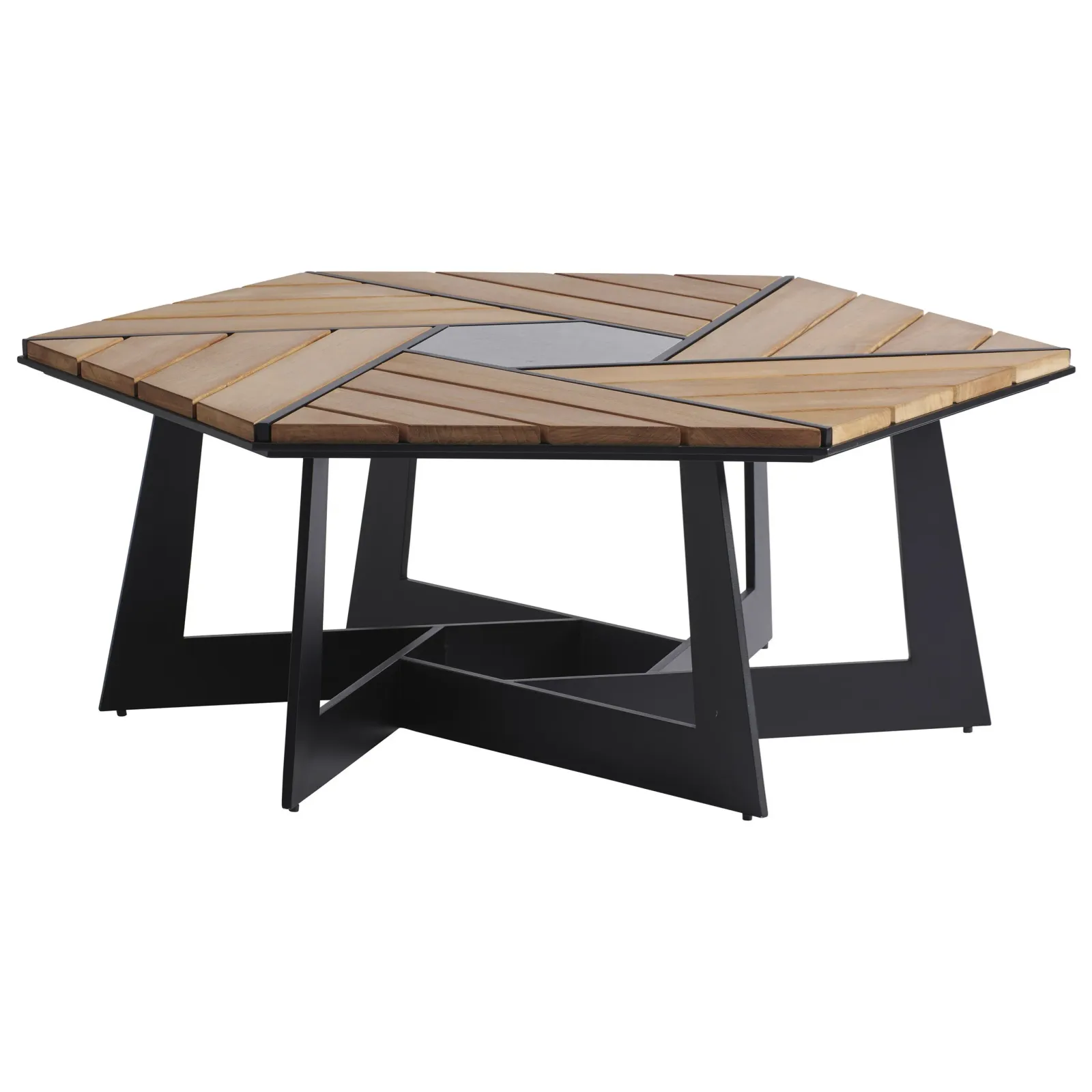 Contemporary Outdoor Hexagon Cocktail Table With Teak And Stone Top