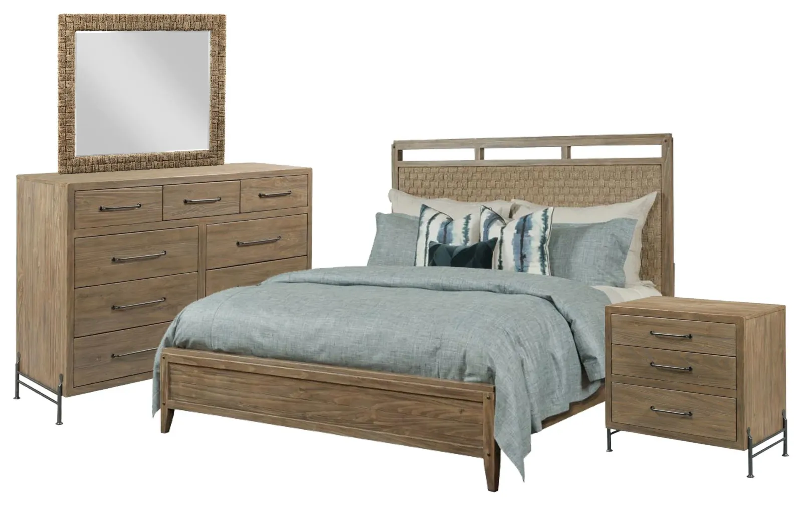 King Woven Bed, Mule Chest, Woven Mirror, And 3 Drawer Nightstand