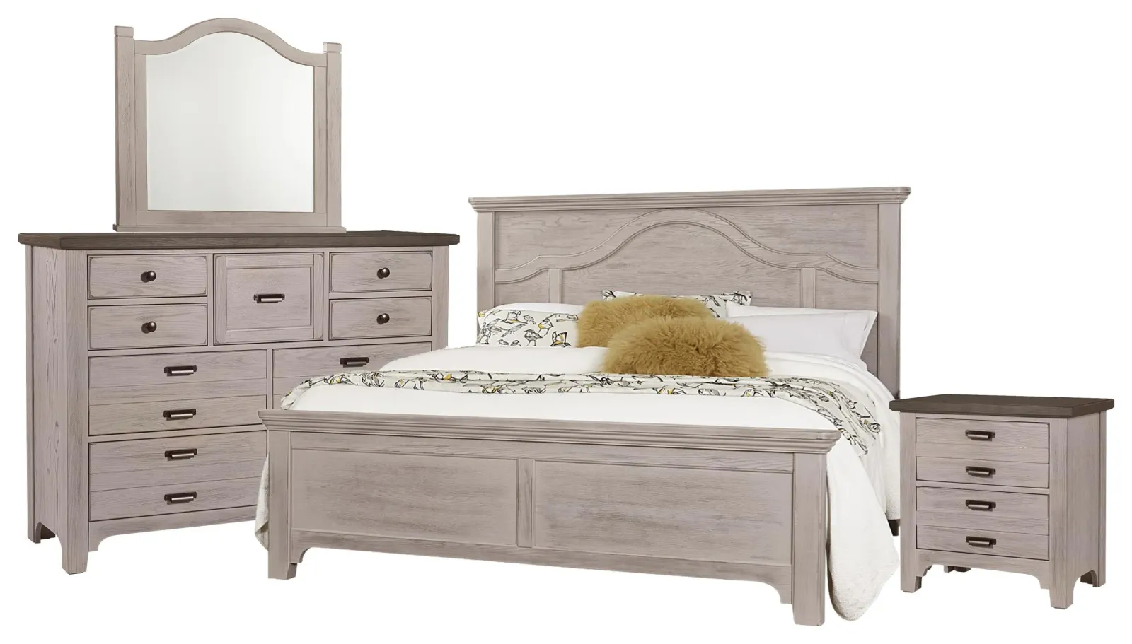 King Mantel Bed, 9 Drawer Dresser, Master Arch Mirror, 2 Drawer Nightstand