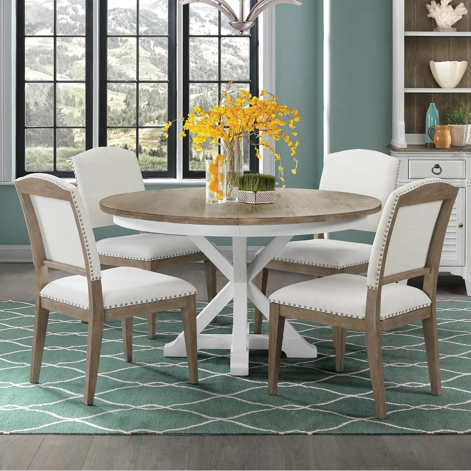 5 Piece Round Table And Upholstered Chair Set