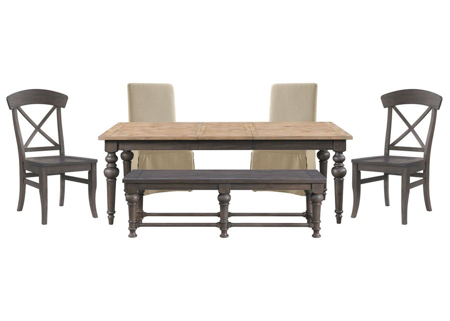 Rectangle Table, 2 Upholstered Parsons Chairs, 2 X-Back Side Chair, And Dining Bench