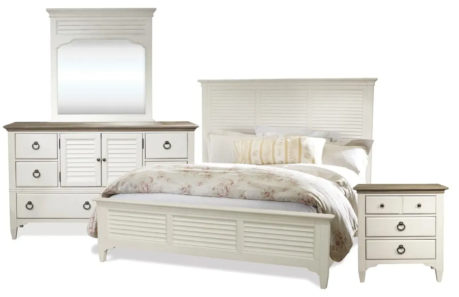 Transitional Queen Louver Bed, Shutter Drawer Dresser, Landscape Mirror, And 3 Drawer Nightstand