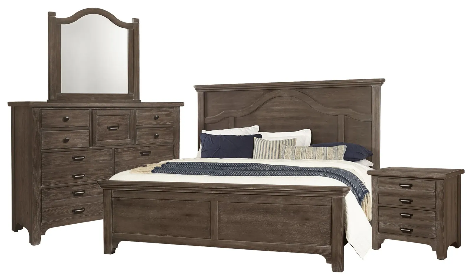 King Mantel Bed, Double Dresser, Arch Mirror, 2 Drawer Nightstand