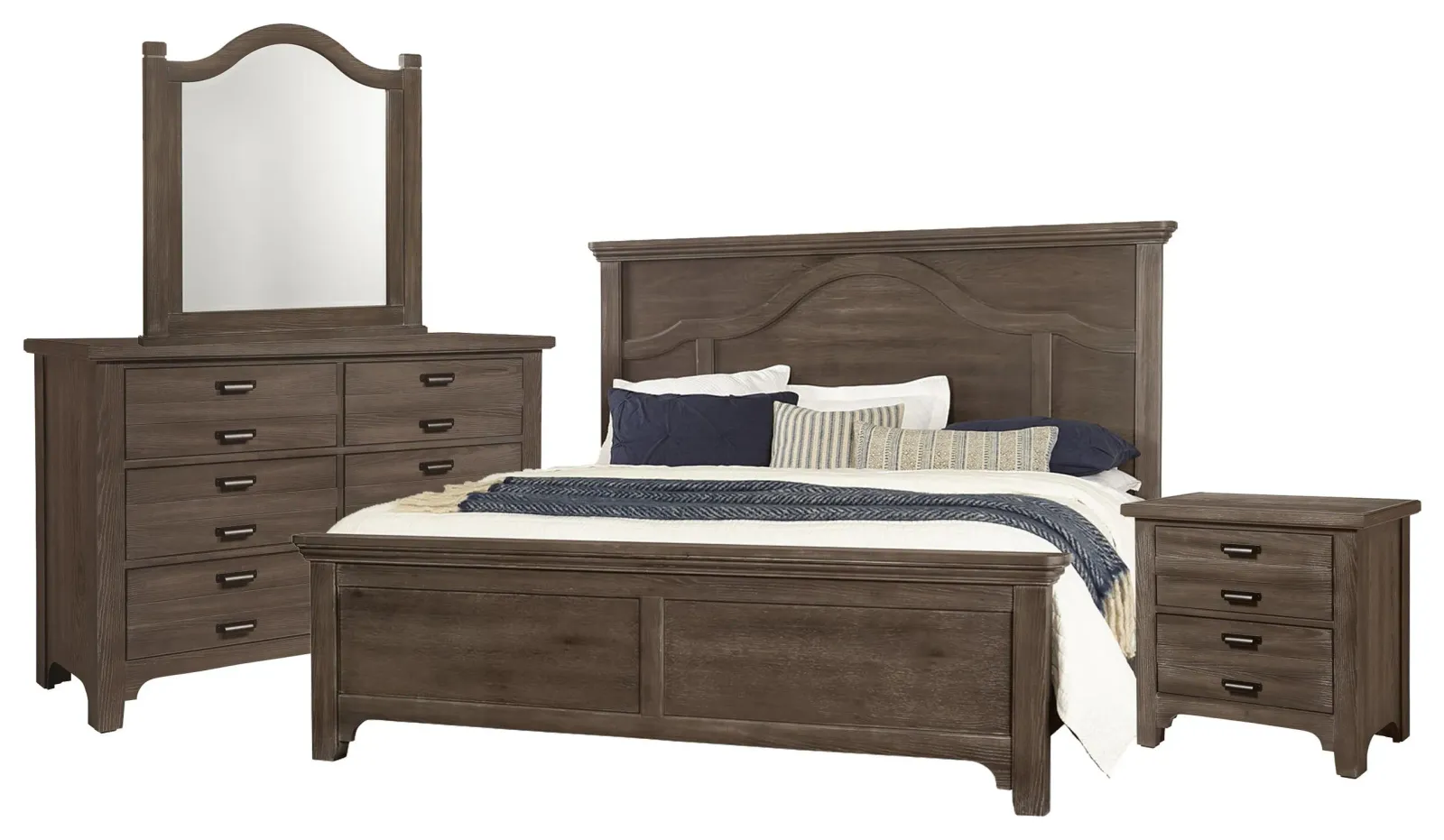 Queen Mantel Bed, Double Dresser, Arch Mirror, 2 Drawer Nightstand