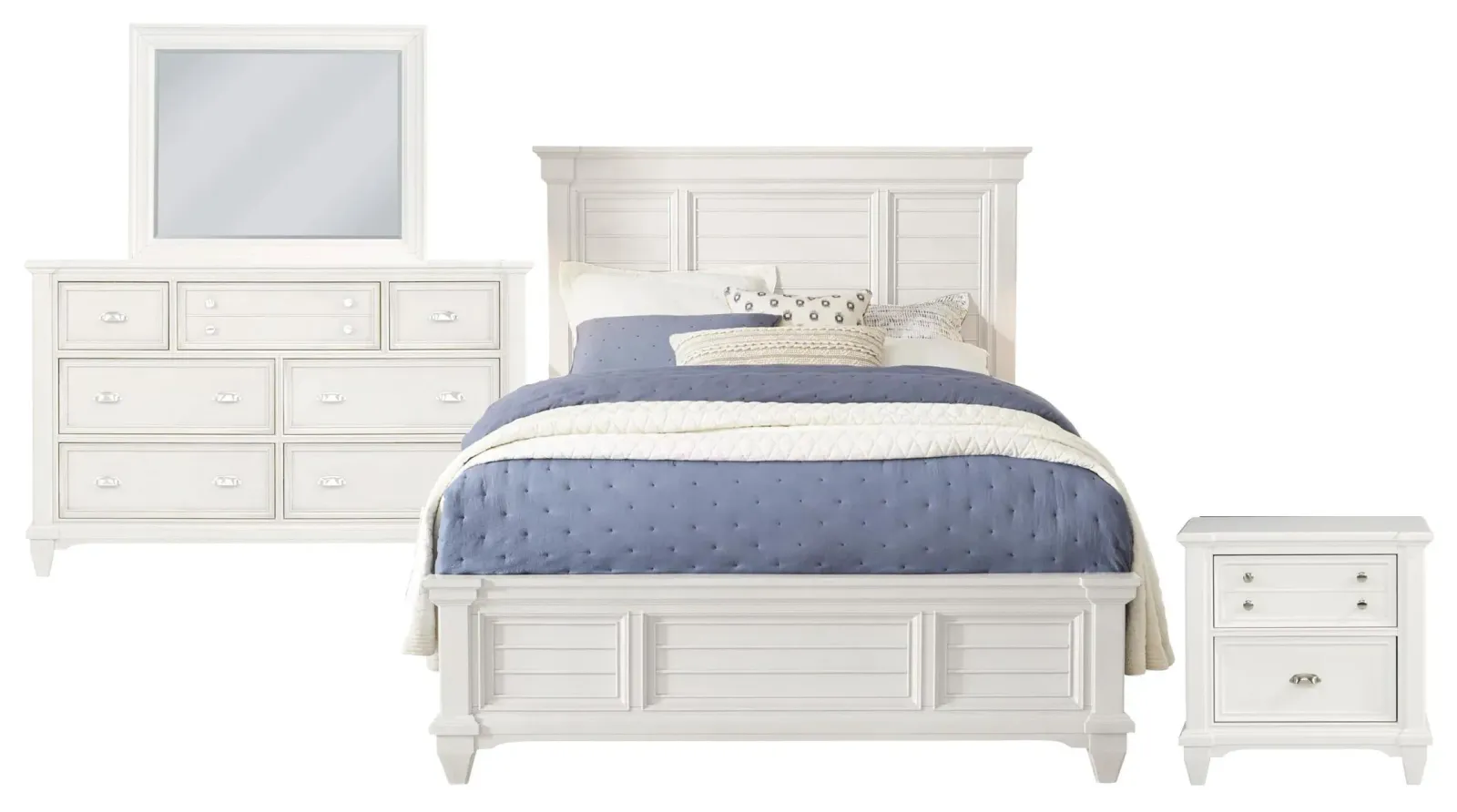 Queen Panel Bed, 7 Drawer Dresser, Rectangular Mirror, 2 Drawer Nightstand