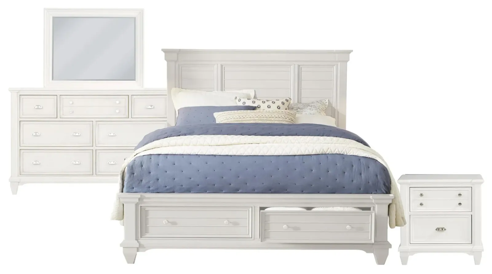 King Storage Panel Bed, 7 Drawer Dresser, Rectangular Mirror, 2 Drawer Nightstand