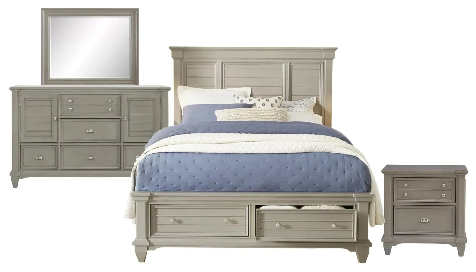 Queen Storage Panel Bed, 5 Drawer 2 Door Dresser, Rectangular Mirror, 2 Drawer Nightstand