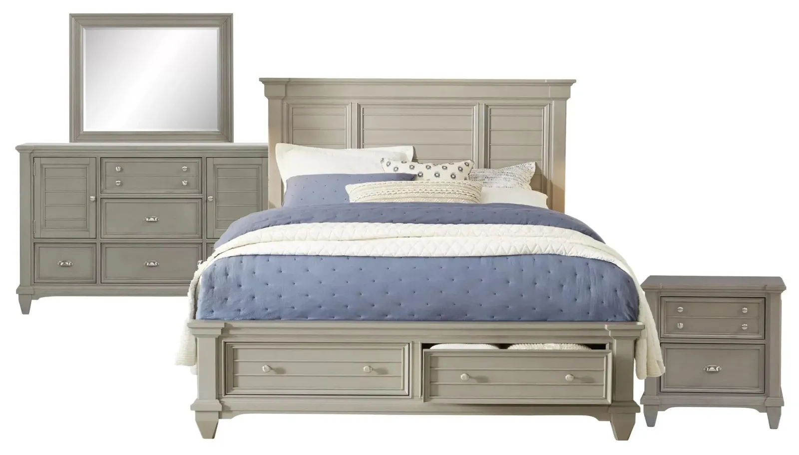 King Storage Panel Bed, 5 Drawer 2 Door Dresser, Rectangular Mirror, 2 Drawer Nightstand