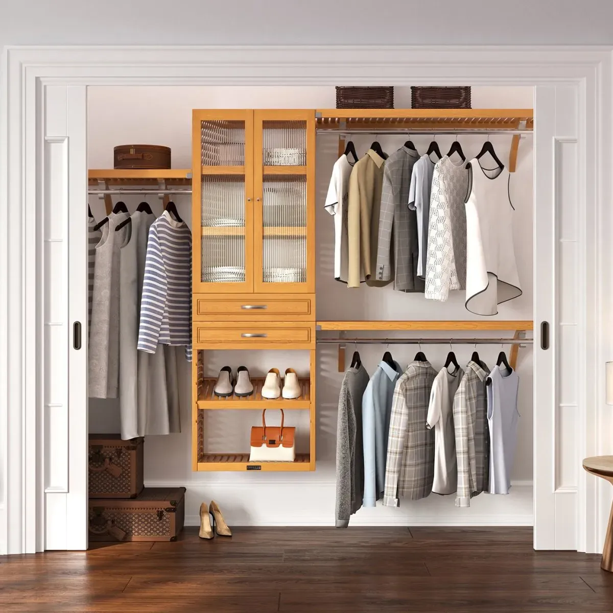 Solid Wood Closet Organizer with 2 Drawers and Doors Modern