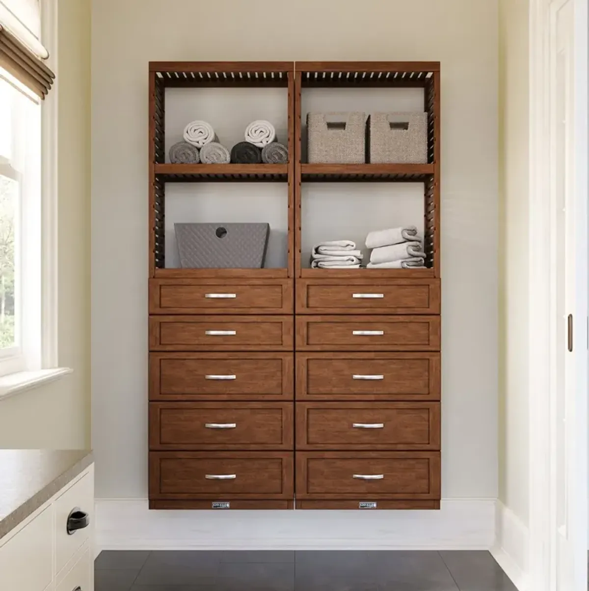 Solid Wood Closet Tower With 5 Drawers and Shelves Shaker