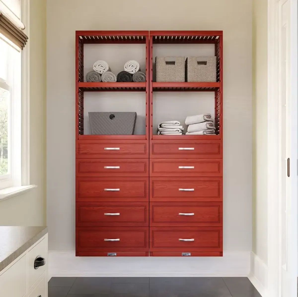 Solid Wood Accessory Tower with 5 Drawers and Shelves Modern