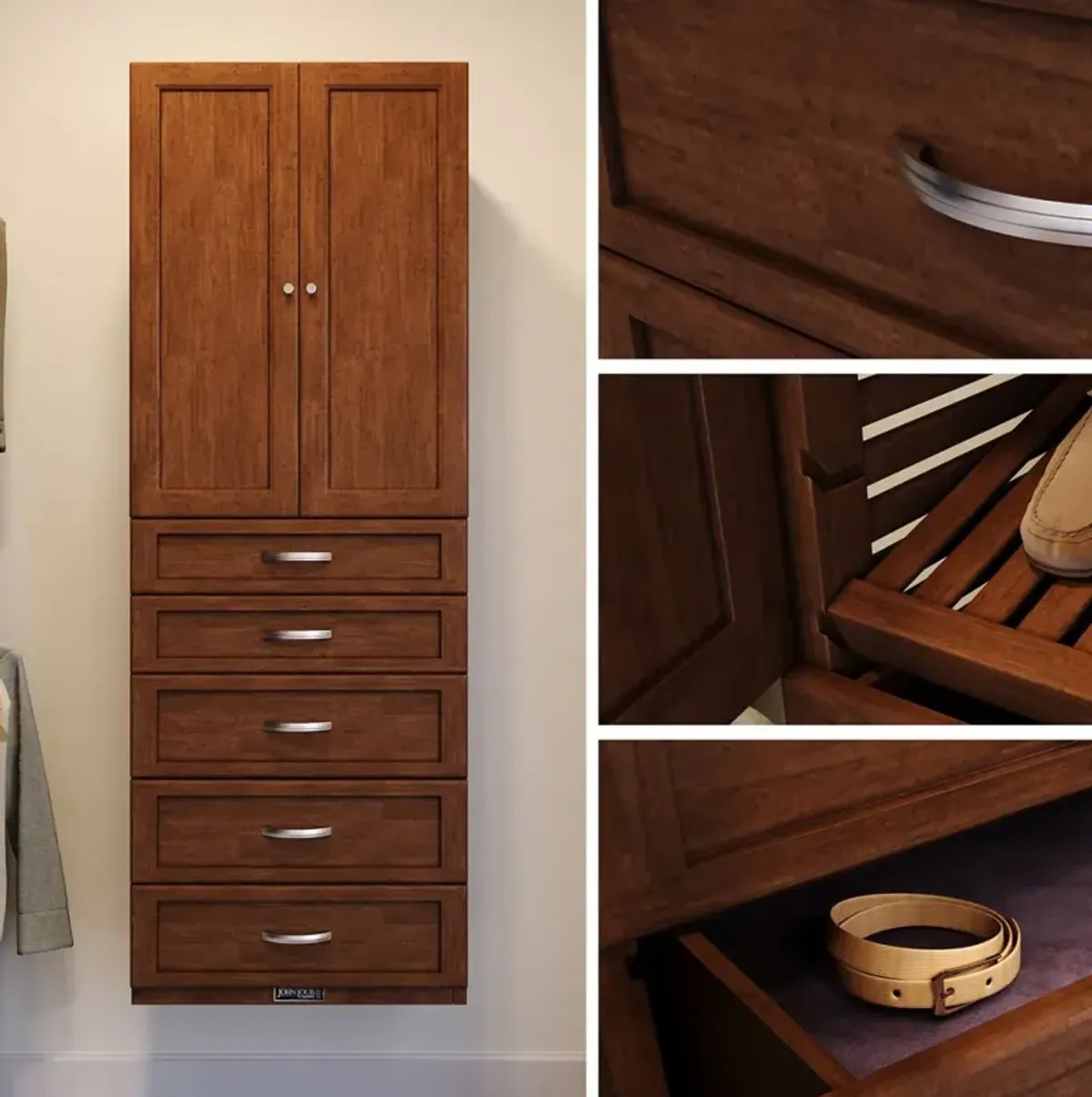 Solid Wood Closet Tower with 5 Drawers & Doors Shaker