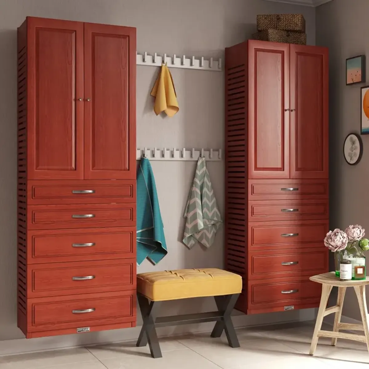 Solid Wood Closet Tower with 5 Drawers and Doors Modern
