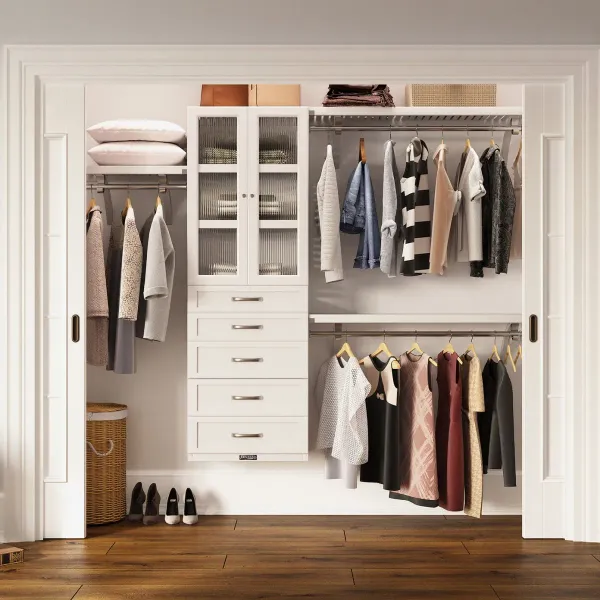 Solid Wood Closet Organizer with 5 Drawers and Doors Shaker