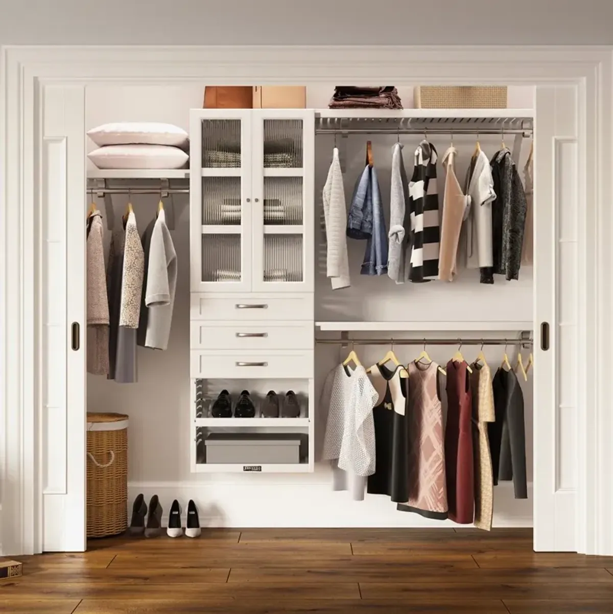 Solid Wood Closet Organizer with 3 Drawers and Doors Shaker