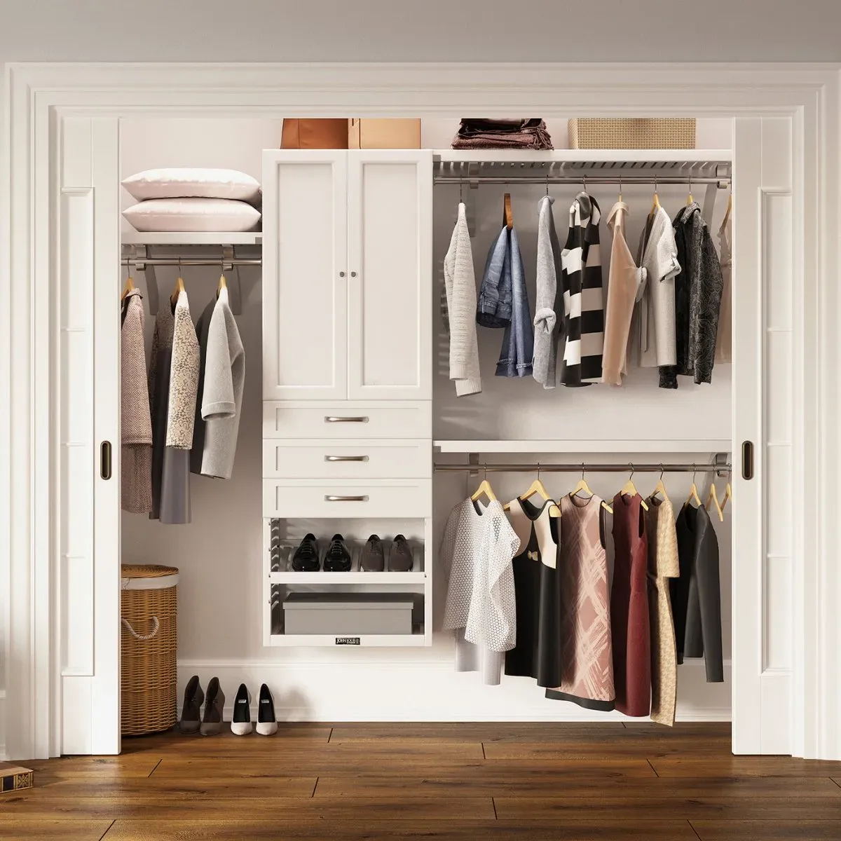 Solid Wood Closet Organizer with 3 Drawers and Doors Shaker