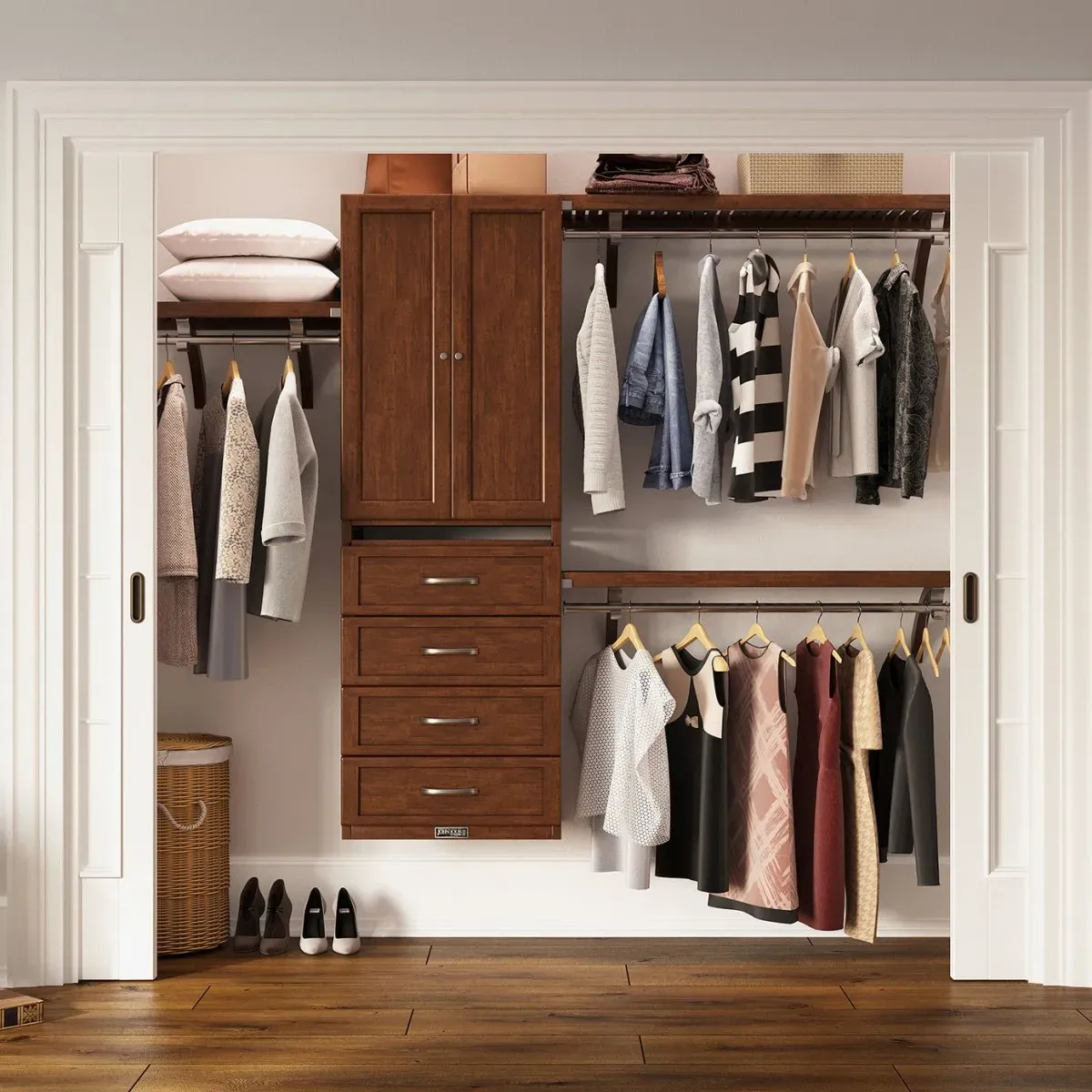 Solid Wood Closet Organizer with 4 Drawers and Doors Shaker