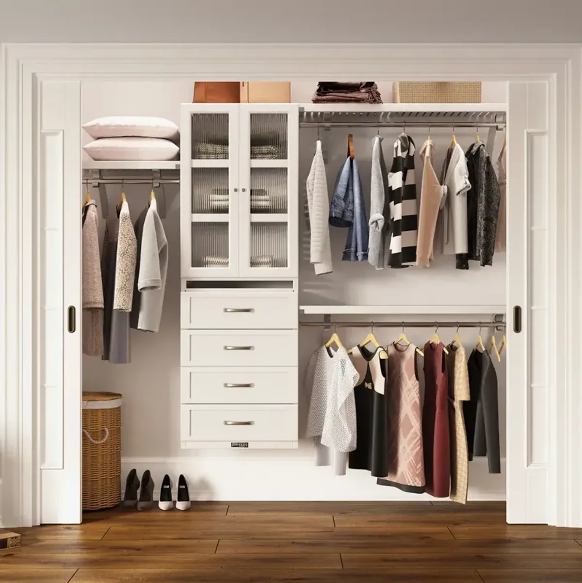 Solid Wood Closet Organizer with 4 Drawers and Doors Shaker