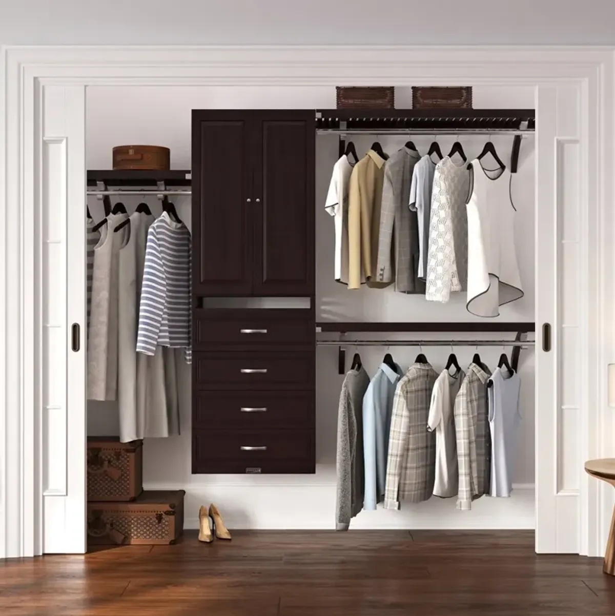 Solid Wood Closet Organizer with 4 Drawers and Doors Modern