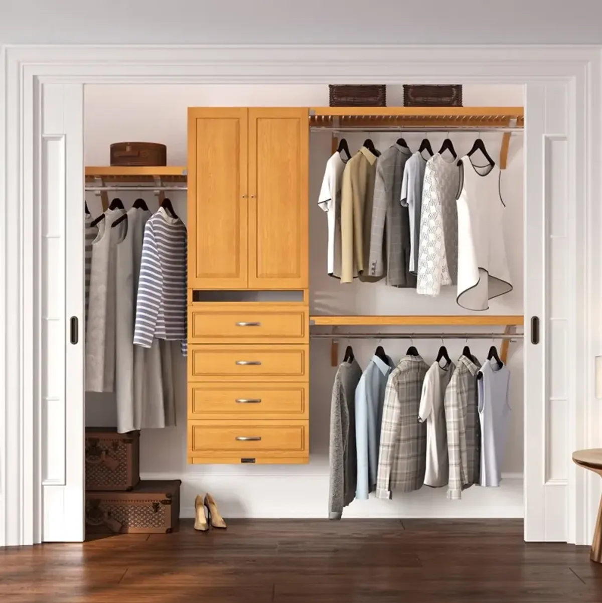 Solid Wood Closet Organizer with 4 Drawers and Doors Modern