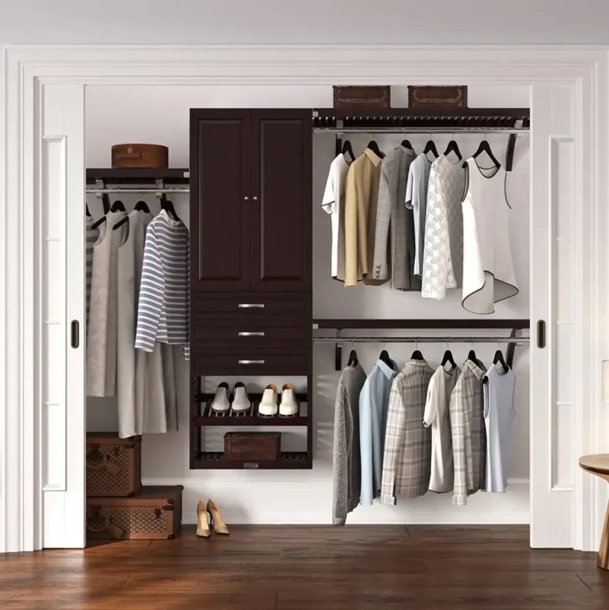 Solid Wood Closet Organizer with 3 Drawers and Doors Modern