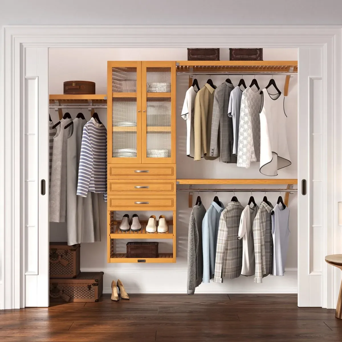 Solid Wood Closet Organizer with 3 Drawers and Doors Modern