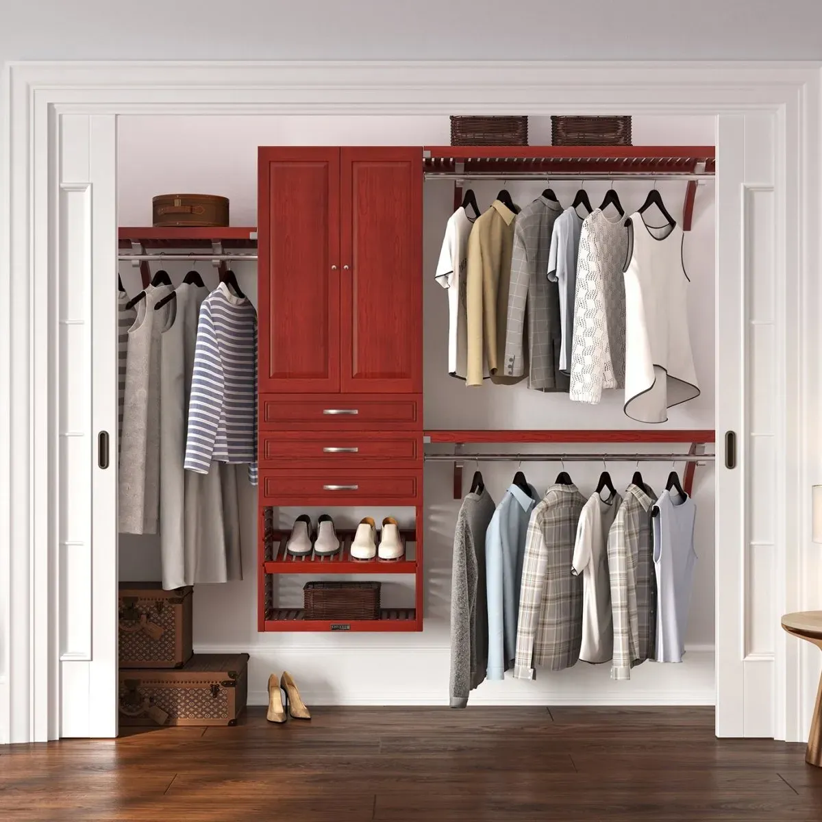 Solid Wood Closet Organizer with 3 Drawers and Doors Modern