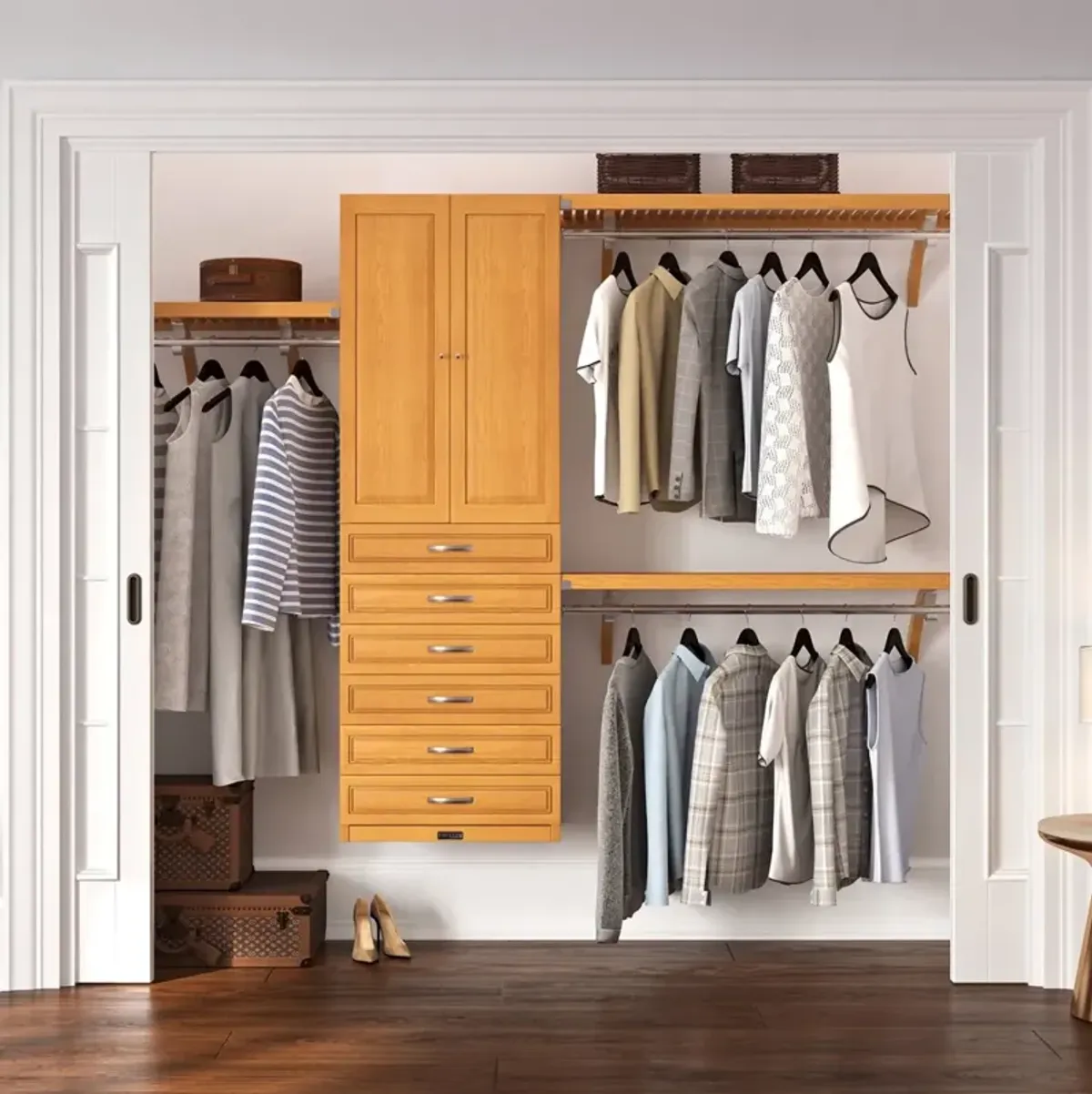 Solid Wood Closet Organizer with 6 Drawers and Doors Modern