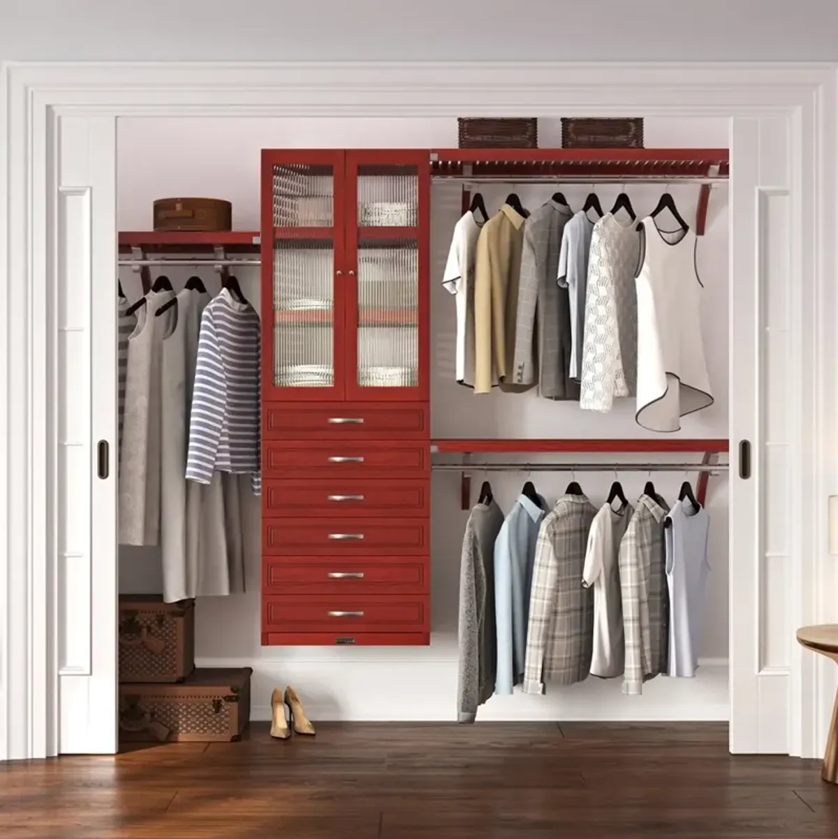 Solid Wood Closet Organizer with 6 Drawers and Doors Modern