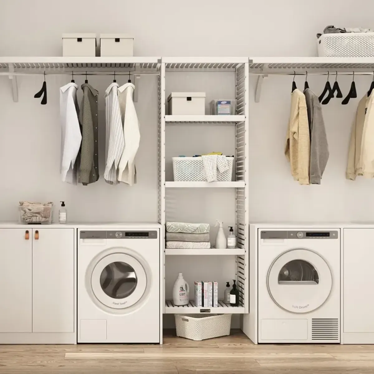 Solid Wood 10 ft. Laundry Organizer with Shelves and Hanging