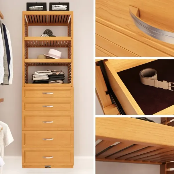 Solid Wood Accessory Tower with 5 Drawers and Shelves Modern