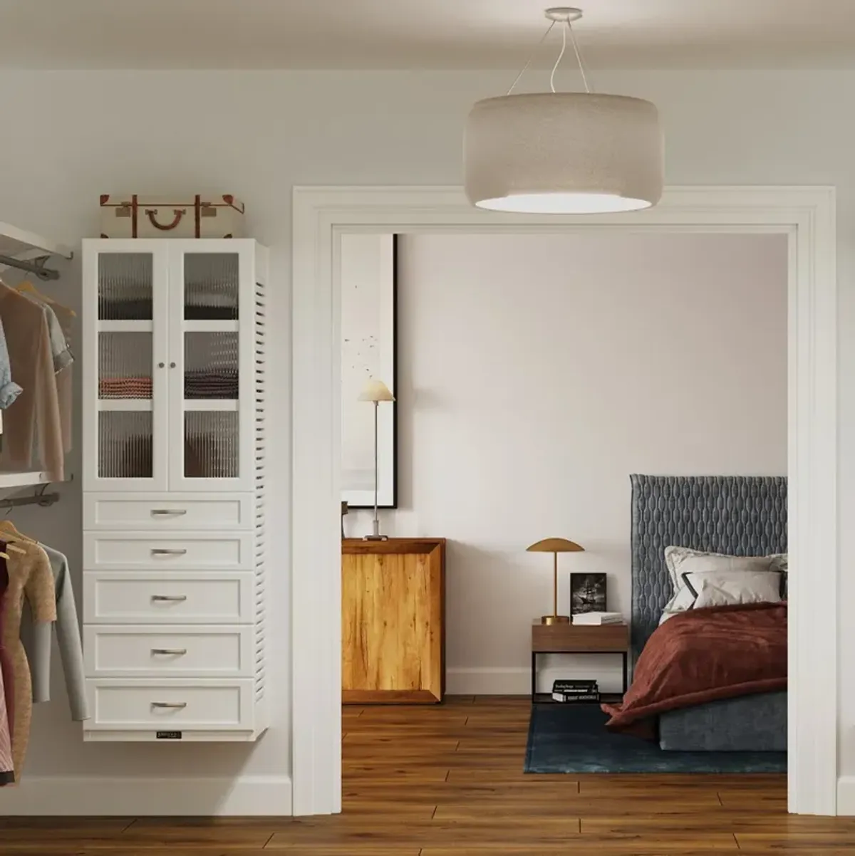 Solid Wood Closet Tower with 5 Drawers and Doors Modern