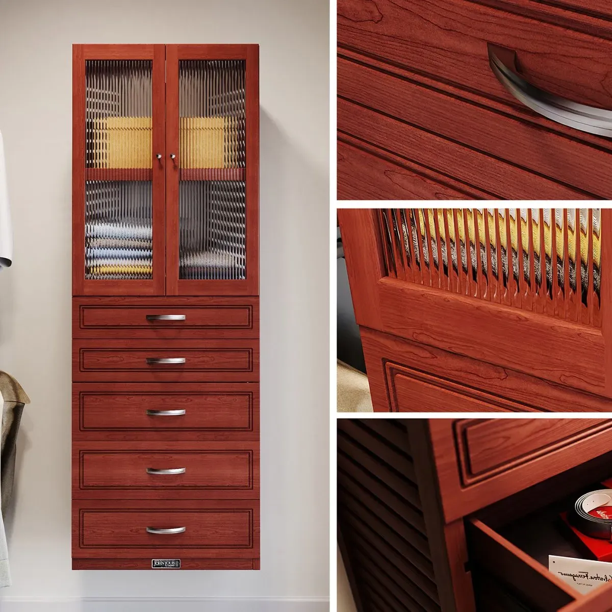 Solid Wood Closet Tower with 5 Drawers and Doors Modern