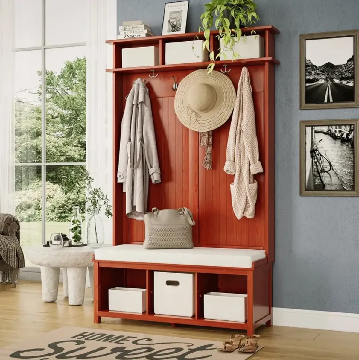 Solid Wood Hall Tree Entryway Bench with 1 Bin & 2 Shoe Dividers