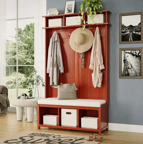 Solid Wood Hall Tree Entryway Bench with 1 Bin & 2 Shoe Dividers
