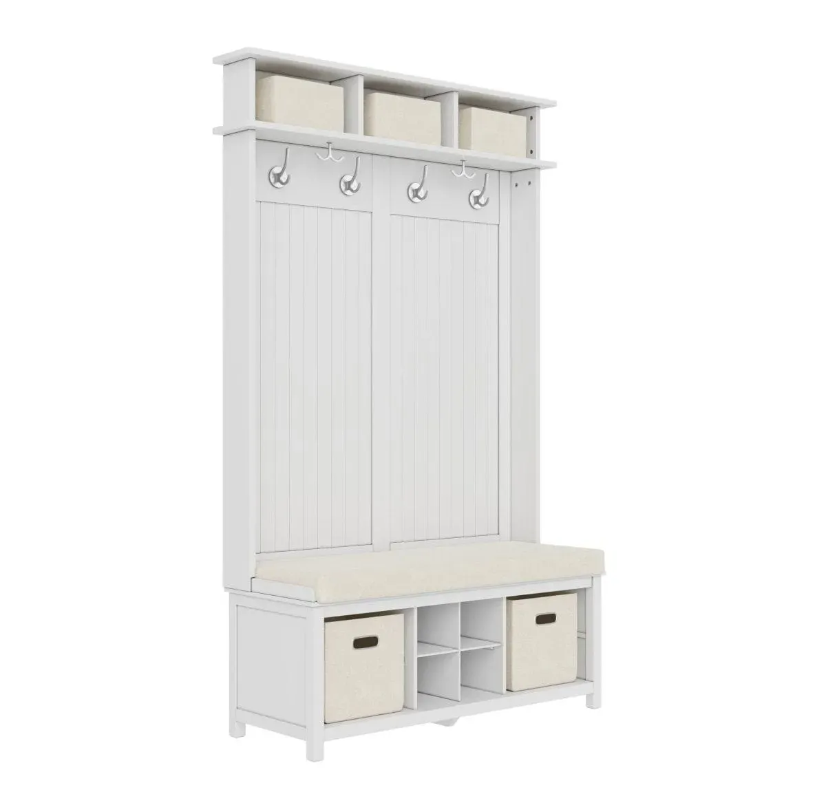 Solid Wood Hall Tree Entryway Bench with 2 Bin & 1 Shoe Dividers