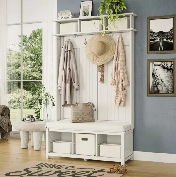 Solid Wood Hall Tree Entryway Bench with 1 Bin & 2 Shoe Dividers