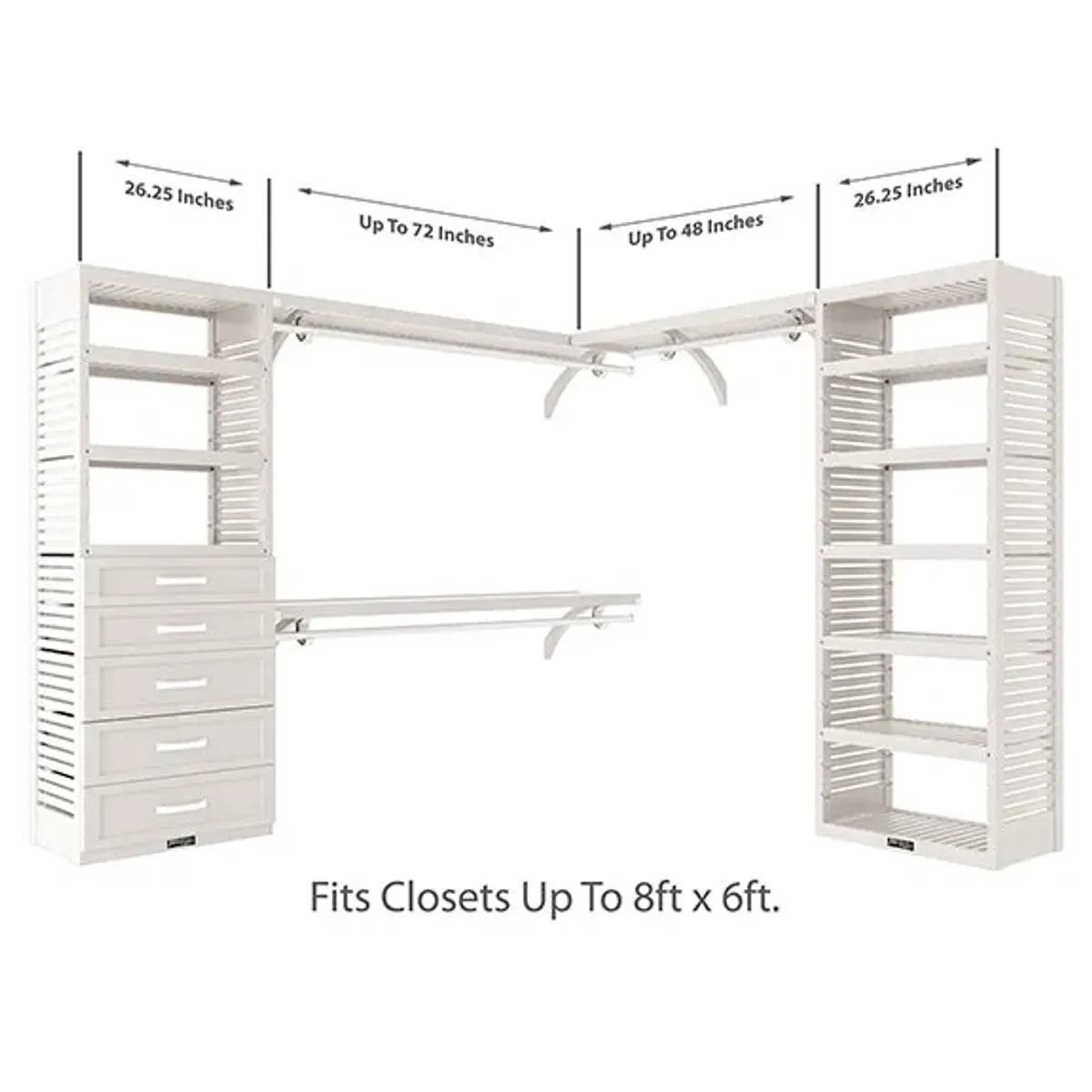 8ft x 6ft Solid Wood L Shaped Walk-in Closet Organizer with 5 Shaker Drawers