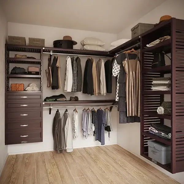 8ft x 6ft Solid Wood L Shaped Walk-in Closet Organizer with 5 Drawers