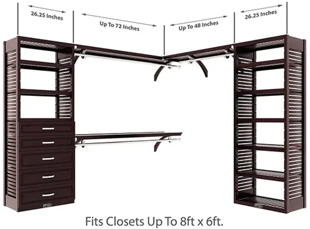 8ft x 6ft Solid Wood L Shaped Walk-in Closet Organizer with 5 Drawers