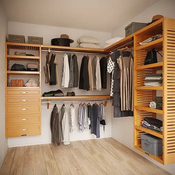 8ft x 6ft Solid Wood L Shaped Walk-in Closet Organizer with 5 Drawers