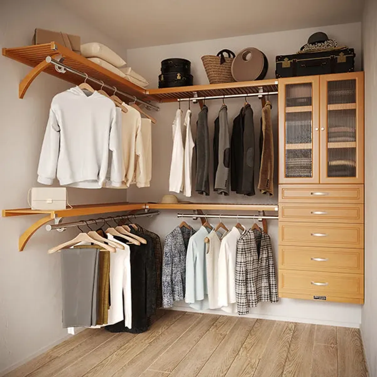 8ft x 6ft Solid Wood L Shaped Walk-in Closet Organizer with 5 Drawers & Doors