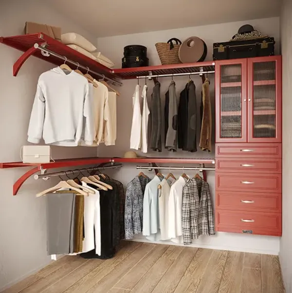 8ft x 6ft Solid Wood L Shaped Walk-in Closet Organizer with 5 Drawers & Doors
