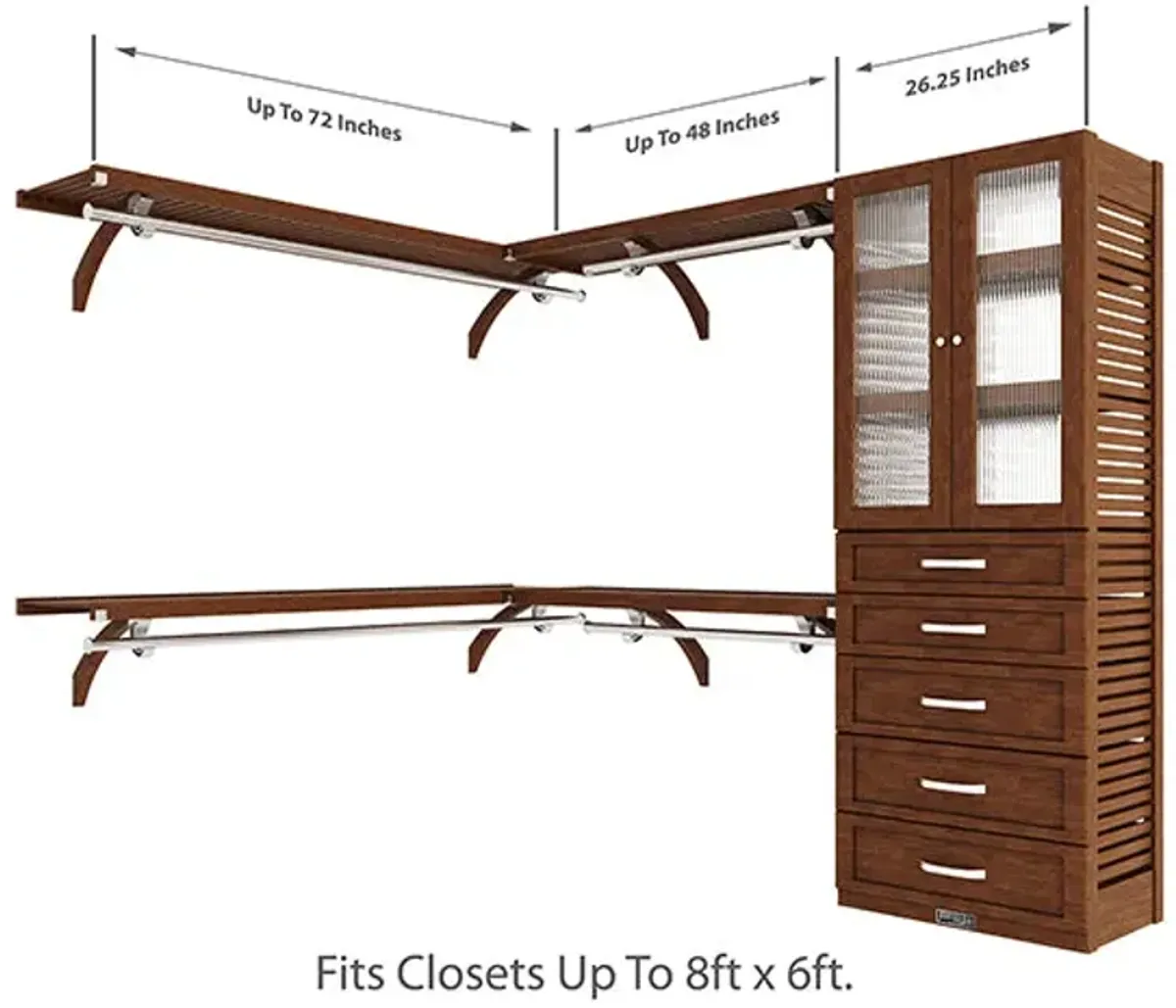 8ft x 6ft Solid Wood L Shaped Walk-in Closet Organizer with 5 Shaker Drawers & Doors