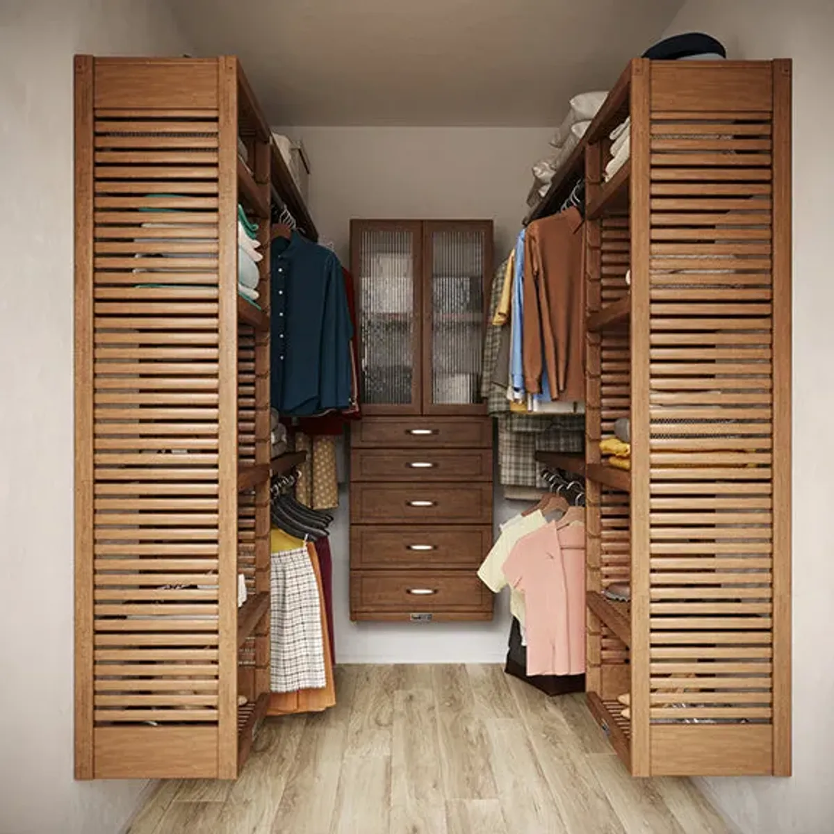 9ft x 8ft Solid Wood U Shaped Walk-in Closet Organizer with Shaker Drawers & Doors