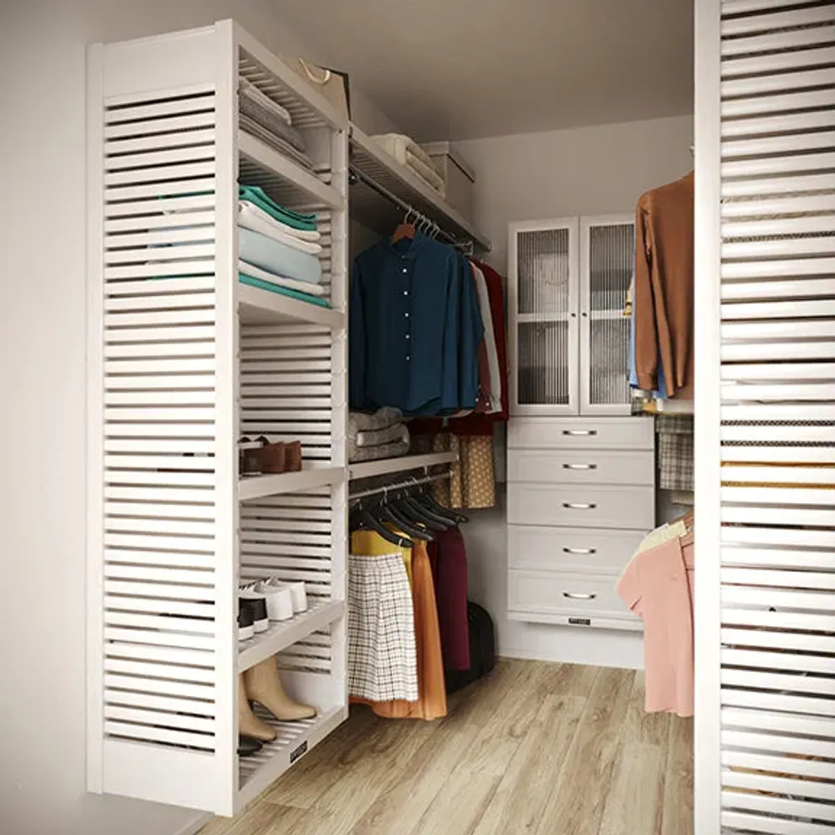 9ft x 8ft Solid Wood U Shaped Walk-in Closet Organizer with Shaker Drawers & Doors